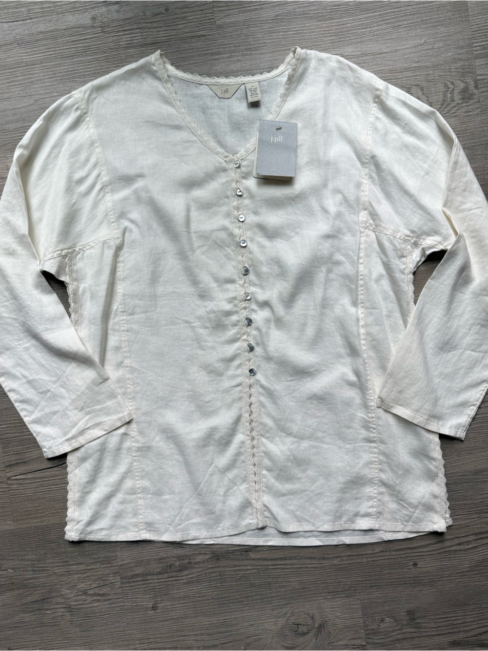 J. Jill Blouse Women M Ivory New Linen Crochet Trim Button Front V-Neck 7218